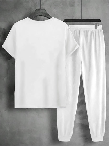 1set Men'S Casual Sportswear Set, Geometric Pattern Short Sleeve T-Shirt and Drawstring Joggers, Knitted Polyester and Elastane Blend, Round Neck, Regular Fit, Four Seasons Outfit