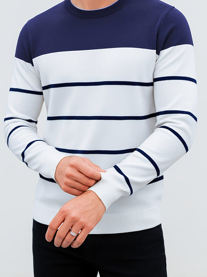 Men's Slim-Fit Striped Knit Sweater - All-Season Business Casual & Casual Attire, Navy Blue/White Horizontal Stripes with Contrast Trim, Round Neck Long Sleeve Pullover, Multi-Color Options (Black/Beige/Light Brown/Navy) - Co