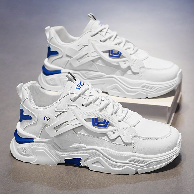 Men's White & Blue Geometric Accent Casual Sneakers - Low-Top Lace-Up Breathable PU Upper, Cushioned EVA Insole & Durable Rubber Sole for All-Season Casual Attire, Shoes Sneakers, Allseason Footwear, Sleek Shoe Design, Fabric