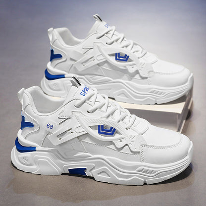 Men's White & Blue Geometric Accent Casual Sneakers - Low-Top Lace-Up Breathable PU Upper, Cushioned EVA Insole & Durable Rubber Sole for All-Season Casual Attire, Shoes Sneakers, Allseason Footwear, Sleek Shoe Design, Fabric