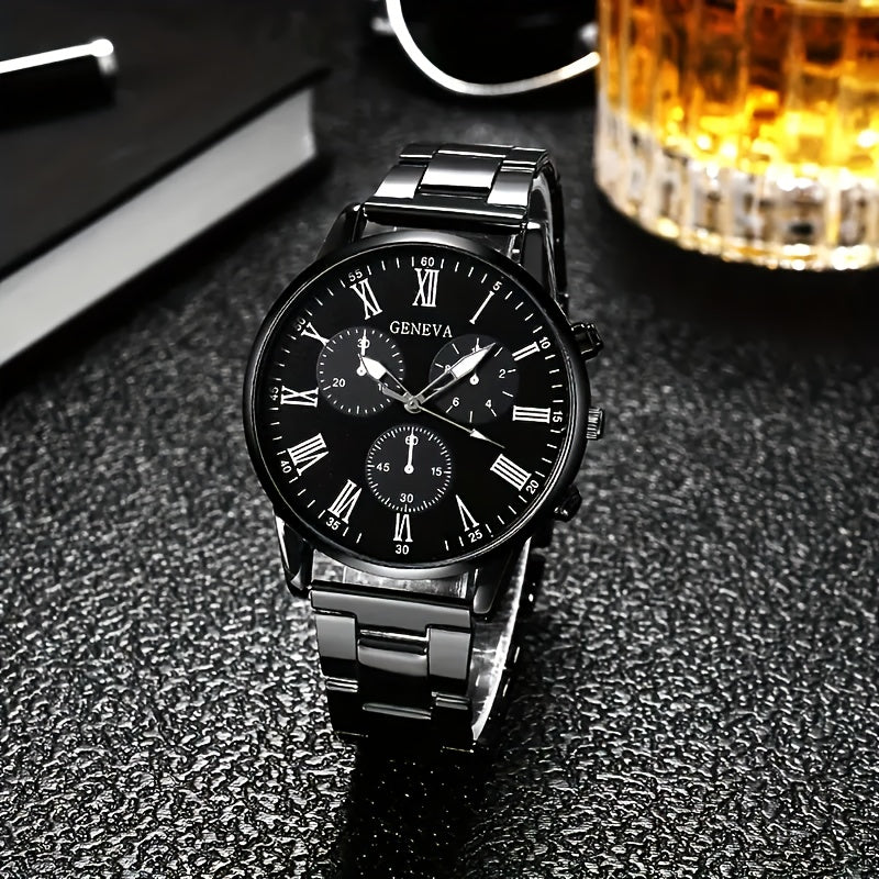 2pcs set, Men's fashionable quartz watch combination package, round dial display, stainless steel strap, zinc alloy case & hands, stylish casual simple business style, especially suitable as Father's Day, Valentine's Day, Ram