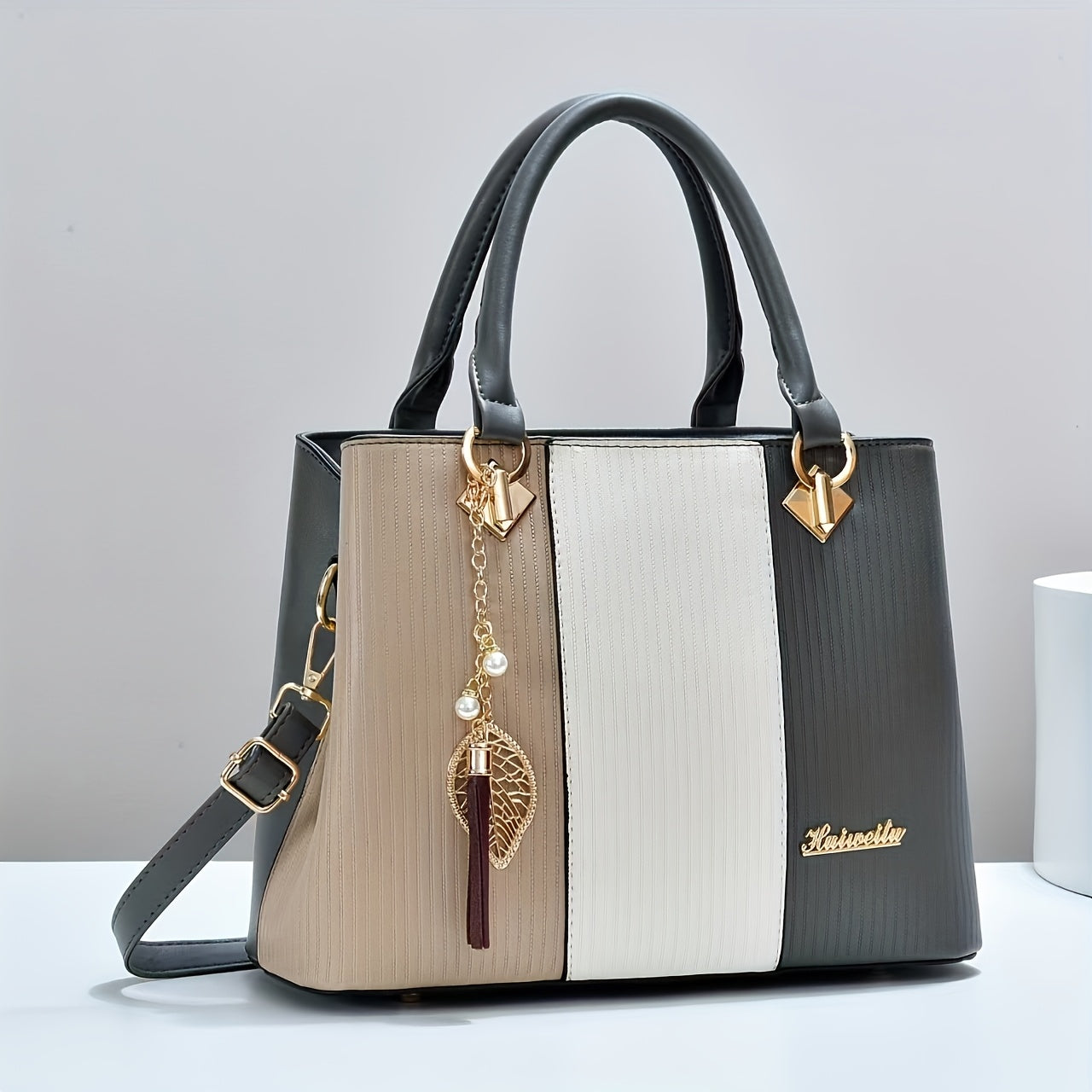 Elegant Red & Black Striped Handbag with Golden Accents - Adjustable Shoulder Strap, Zipper Closure, Polyester Lining, Stylish Mom & Everyday Bag, Everyday Handbag|Striped Pattern Tote|Durable Handle Tote