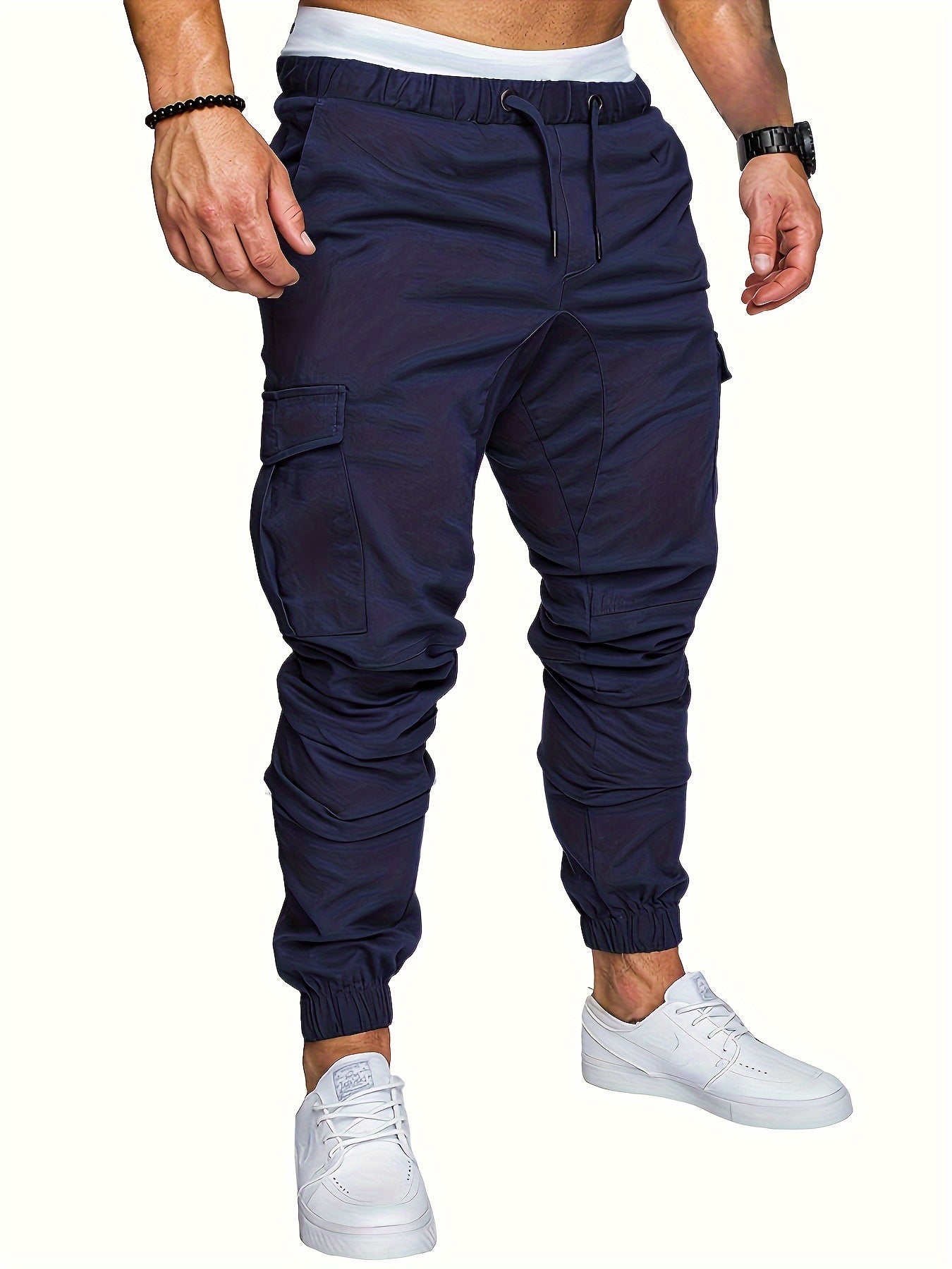 Men'S Casual Cargo Pants, 95% Cotton 5% Spandex, Skinny Fit, Solid Color, Long Length, Woven Fabric, Non-Stretch, with Pockets, 215g/m² Weight
