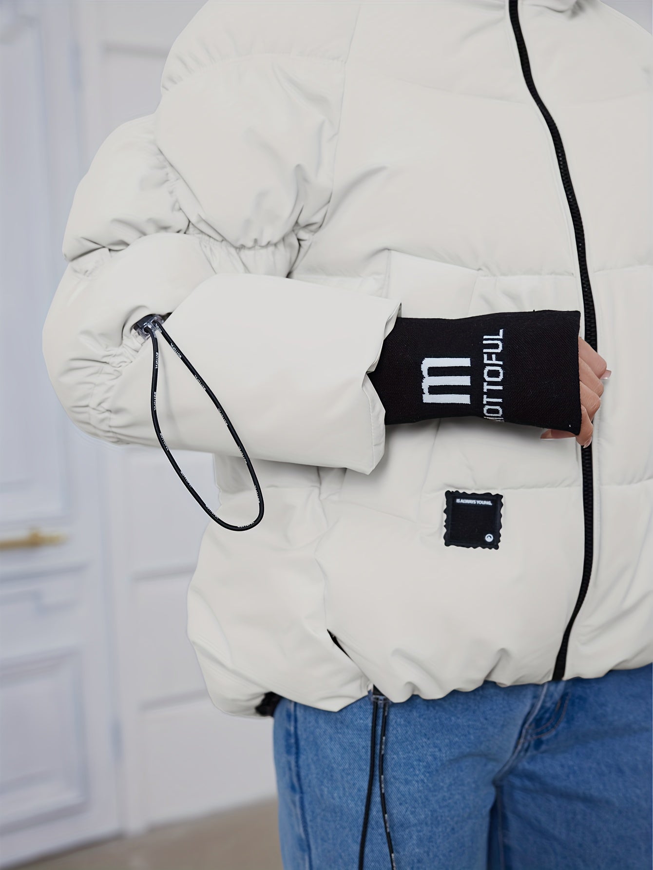 Women's Stylish Beige Puffer Jacket - Casual Warm Winter Coat with Black Trim, Long Sleeves & Zippered Hood, Polyester Fabric for Outdoor Comfort