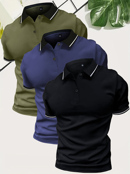3Pcs Breathable Regular Fit Golf Shirt, Men's Casual V-Neck T-Shirt Short Sleeve For Summer, Men's Clothing