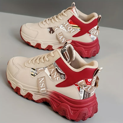 Women's Chunky Platform Sneakers - High-Top Lace-Up Shoes with Cushioned PVC Sole, Beige/White/, Synthetic Cover Upper - All-Season Outdoor, Casual, Office Shoes for Everyday & Formal Outfits - Lightweight Thick Platform Foot