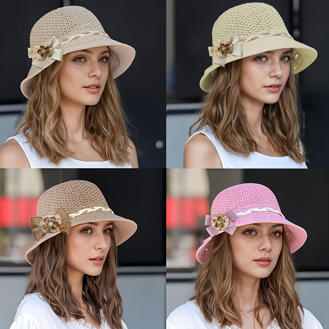 1pc Elegant Women's Floral-Decorated Straw Hat - Breathable Hollow Fisherman Sun Hat with Wide Brim, Jacquard Beige & Brown Summer Beach Hat for Outdoor Travel, Casual Outings & Daily Wear, Fishing Hat, Decorative Bow Accent,