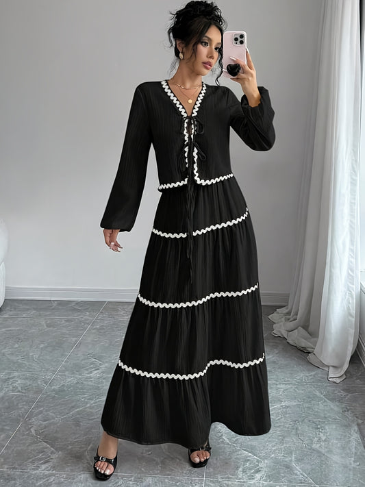 Women'S New Arrival Black and White Ruffled Lace Trim Long Sleeve Shirt with Tie Waist Umbrella Skirt Set, Stylish Elegant Vacation Commute Daily Wear Date Party Two-Piece Outfit Suitable for All Seasons