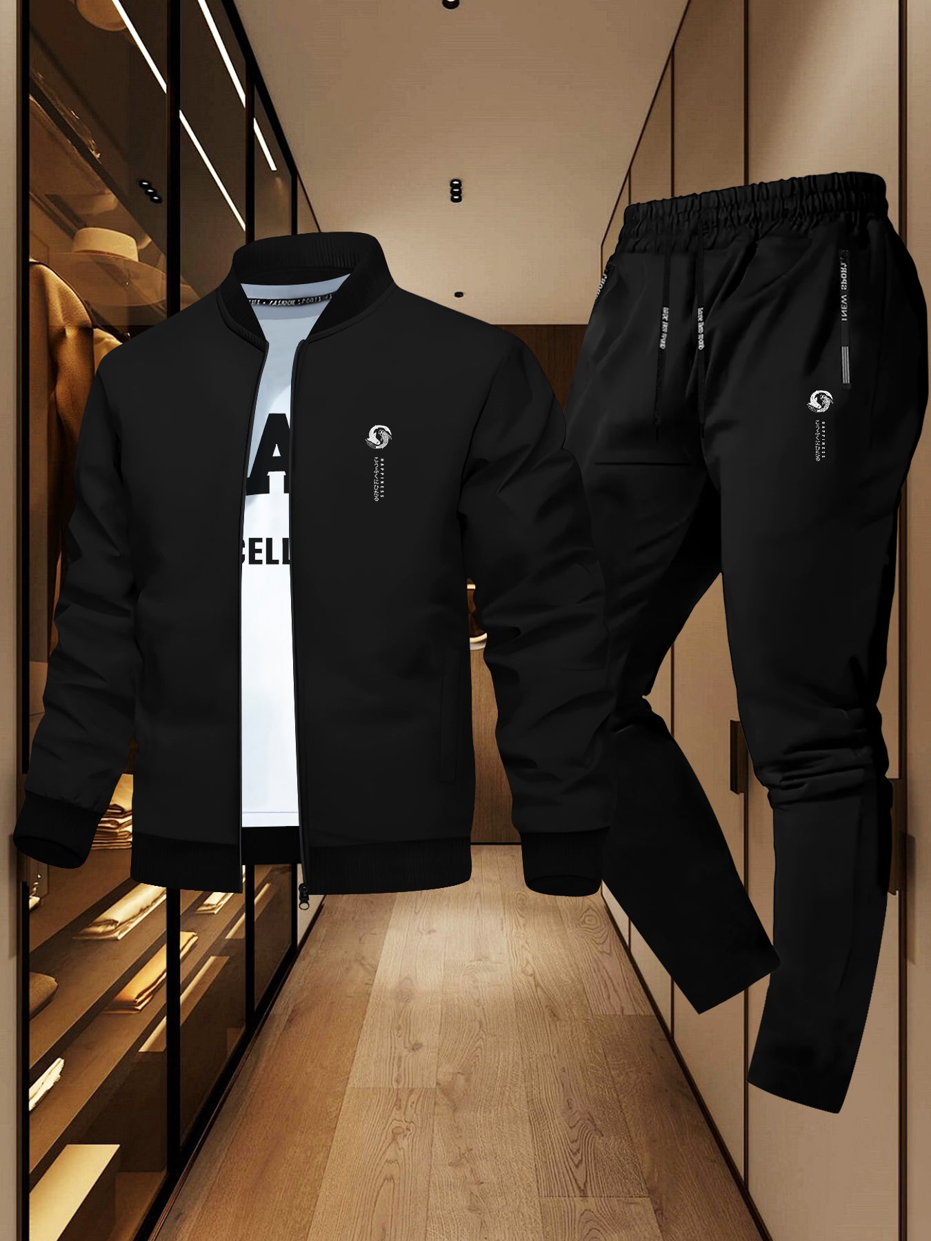 Japanese-Style Happiness Print, Casual Men'S Suit for Spring And Autumn, Featuring a Simple Two-Piece Set with a Round Neck Jacket And Long Pants, Perfect for Daily Sports And Travel, Trendy.