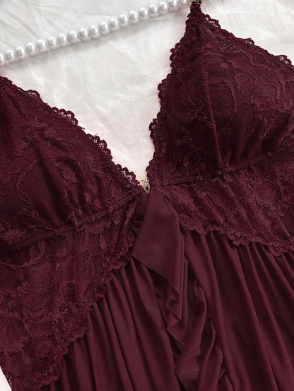 Sexy and Romantic Sleepwear Set, Solid Color Lace Camisole with Matching Panties, V-Neck Design Accentuating Elegant Neckline, Delicate Lace Pattern for Softness. Flared Hem and Ruffled Front Add Graceful Charm, Perfect for a