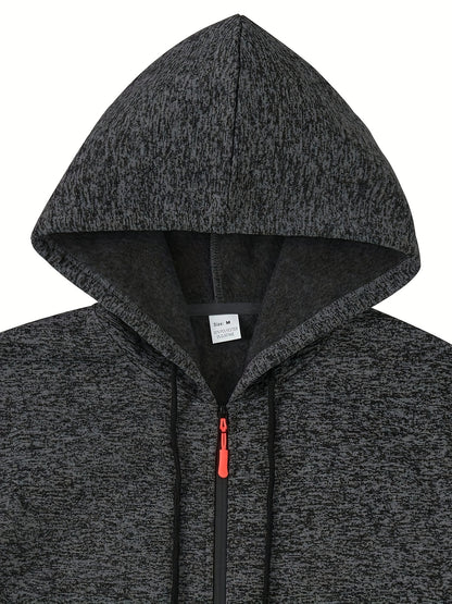 Men's Casual Sports Hoodie and Pants Set with Zipper, Drawstring, Fleece-Lined - Polyester Blend, Machine Washable