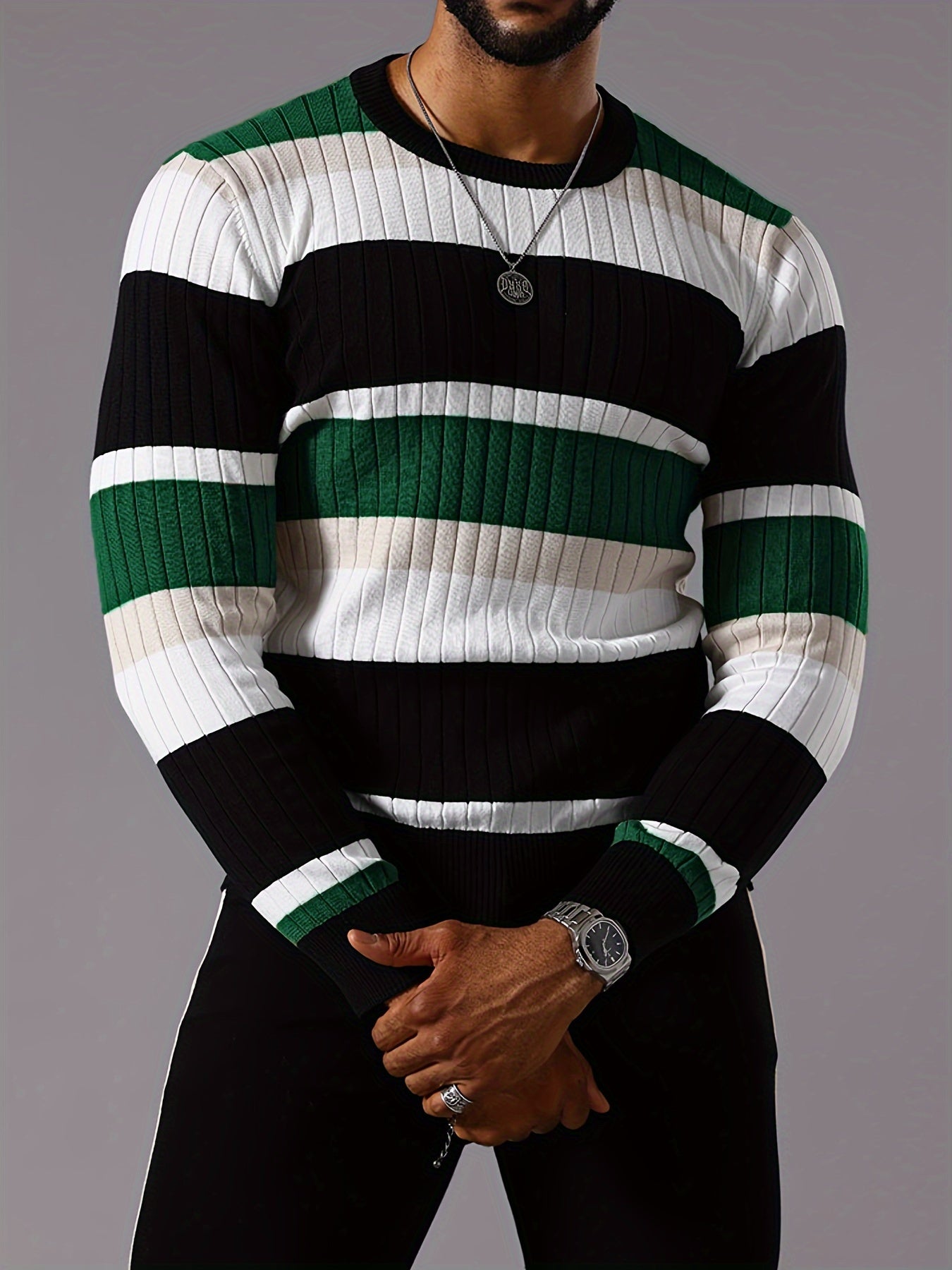Men's Striped Color-Block Ribbed Knit Sweater - Long Sleeve Round Neck Pullover with Elastic Comfort Fit, Machine Washable Casual Fall Winter Top in Black/White/Green/Beige, Knit Sweater, Medium Elasticity