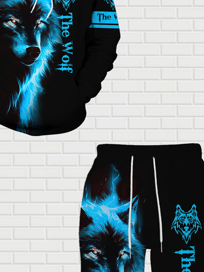 Men'S Wolf Print Hooded Sweatshirt and Joggers Set, Casual Polyester Knit Fabric, Slight Stretch, Regular Fit, Comfortable Long Sleeve Pullover for Spring/Fall, Weekend Casual Wear