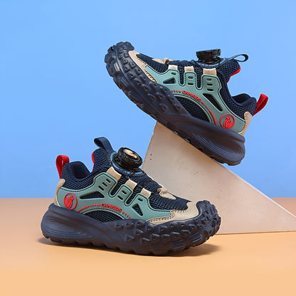 Boys' Breathable Mesh Sneakers with Rotating Button Closure - Lightweight EVA Sole, Durable PU & Fabric Upper, All-Season Outdoor Hiking Shoes for (Black/Green/Red Accents)