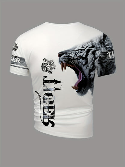 Men'S & Women'S "Tiger" Graphic T-Shirt - Casual, Stylish 3D Print Animal Design, White, Short Sleeve, Polyester Knit, Regular Fit, Streetwear Tee|Bold Animal Print|Stretchy Fabric