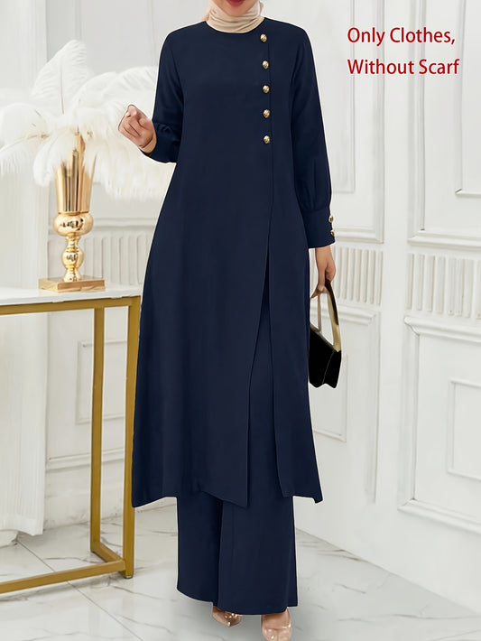 Ramadan, Women's Front-Button Long Sleeve Slit Dress & Pants Casual Arabic Style 2pcs Set, Only Clothes, Without Headscarf