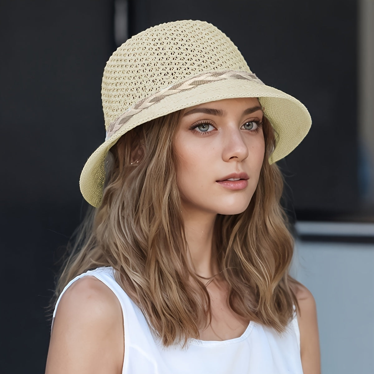 1pc Elegant Women's Floral-Decorated Straw Hat - Breathable Hollow Fisherman Sun Hat with Wide Brim, Jacquard Beige & Brown Summer Beach Hat for Outdoor Travel, Casual Outings & Daily Wear, Fishing Hat, Decorative Bow Accent,