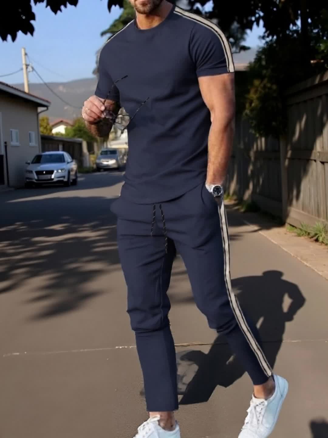 Cross-Border New Summer 2pcs Short-Sleeved T-Shirt And Long Pants Casual Men'S Casual Outdoor Sports Suit, Side Stripe Casual And Fashionable Men'S 2pcs Set