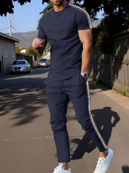Cross-Border New Summer 2pcs Short-Sleeved T-Shirt And Long Pants Casual Men'S Casual Outdoor Sports Suit, Side Stripe Casual And Fashionable Men'S 2pcs Set