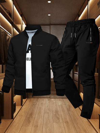 Men'S Trendy Boston Print Jacket and Sweatpants Set - Casual Sporty Outfit with Zipper Detail, Long Sleeves, and Elastic Waistband, Perfect for Fall/Winter