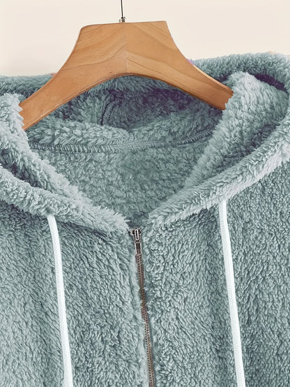 Cozy Fleece-Lined Hooded Jacket for Women - Casual Solid Color with Drawstring, Zip-Up Front, Long Sleeves - Perfect for Fall & Winter