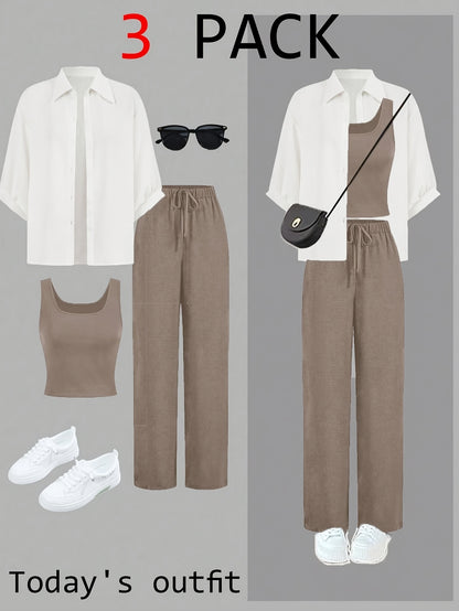 3pcs Summer Women's Casual Vest Shirt and Pants Set
