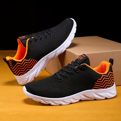 Men's Knitted Breathable Running Shoes, Lightweight Non-Slip Soft Sole, Comfortable for Outdoor Walking, Jogging, Fitness, Daily Activities, EVA Sole, Fabric Upper, Low-Top, Lace-Up Closure, Striped Pattern, All-Season Fashio