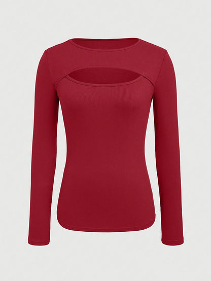 1pc Essence Women'S Elegant Ribbed Long Sleeve T-Shirt, Polyester and Spandex Blend, Hollow-Out Detail, Solid Color, Crew Neck, Regular Length, Knitted Fabric - Autumn/Winter Collection