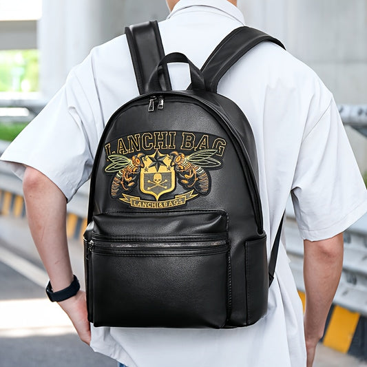 Men'S Genuine Backpack - Large Capacity, Multi-Functional Trolley Bag with Adjustable Straps, Golden Embossed Design, Perfect for School, Work, or Travel, Backpack for Travel, Durable Zipper Closure