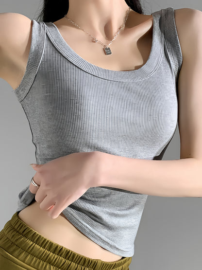 1pc Women'S Casual Ribbed Tank Top, Solid Color Knit Vest with Side Stripe Detail, Low Neck Polyester Camisole for All Seasons, Versatile Layering Piece