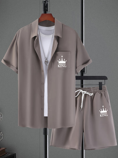 Men's Casual Short Sleeve Collar Shorts Printed Fashion Suit