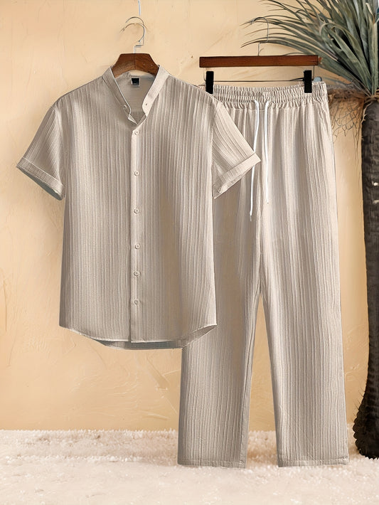 Casual 2pcs Set: Short Sleeve Stand Collar Shirt + Tie Straight Leg Pants, Suitable for Vacation Beach Outdoor Leisure Party