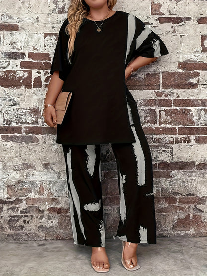 Plus Size Women'S Black Printed Sweater Set - Casual Long Sleeve Pullover with "LOVE" Design, Wide Leg Pants, Non-Stretch Fabric, Perfect for Fall & Winter, Autumn Winter Wear|Casual Style|Comfortable Fit