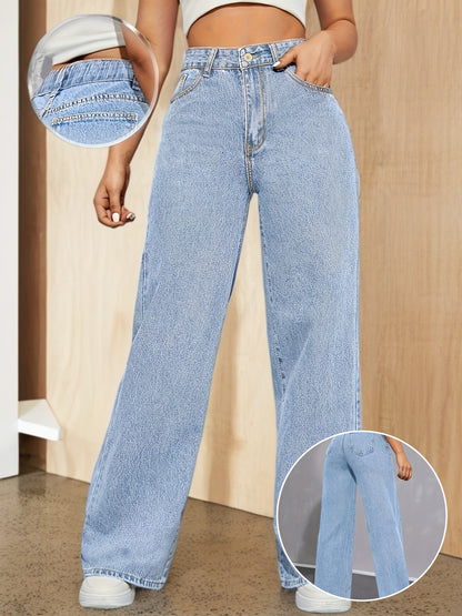 Women's High-Waist Light Blue Denim Wide-Leg Jeans with Elastic Waistband - Casual, Non-Stretch, Button Closure, Perfect for All Seasons