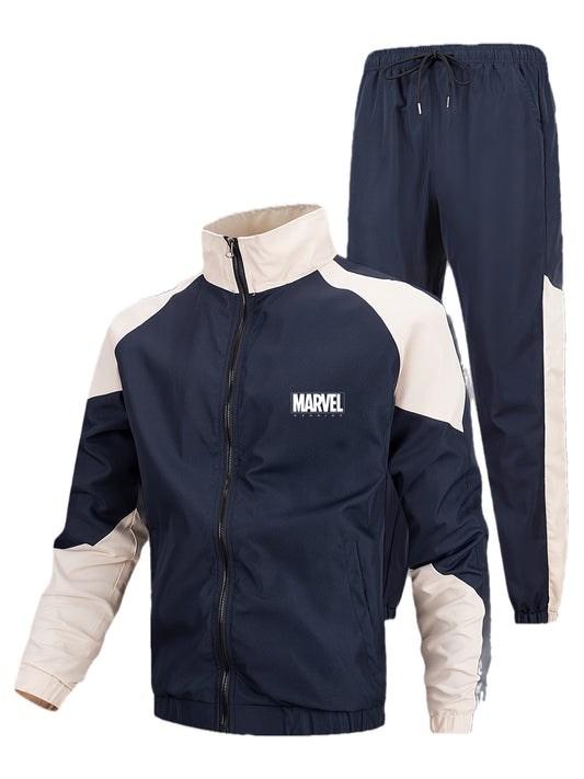 Marvel Men'S Outdoor Sports Set, Full Set with Long Sleeve Jacket and Elastic Waist Pants, Marvel Letter Print, Basic Training Suit, Breathable Fabric, Suitable for Sports, Fitness, Casual Wear