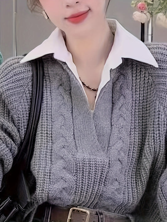 2 In 1 Contrast Color Collared Sweater, Chic Cable Knit Long Sleeve Polo Sweater For Fall & Winter, Women's Clothing