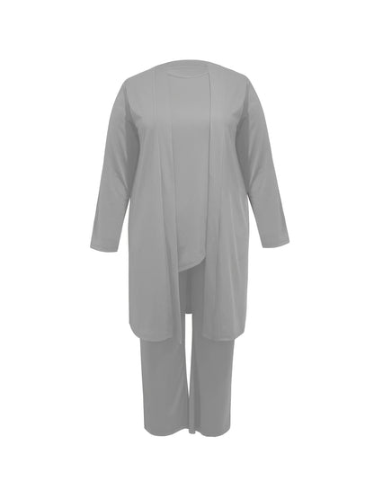 Plus Size - Spring and Autumn Women'S Simple Casual Solid Color Jacket Top Cardigan + Round Neck Sleeveless Vest + Elastic Waist Drape Pocket Straight Pants Three-Piece Set Commuting Suit