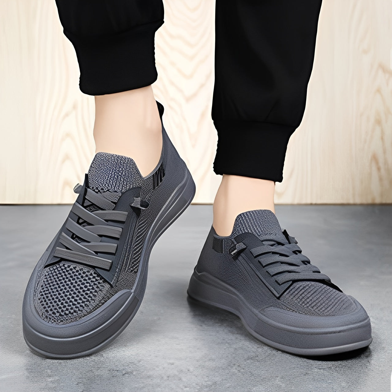 1 Pair ADO STAP Men's Slip-On Sneakers with Elastic Lace-Up Closure, Woven Mesh Upper & Soft PVC Sole - Breathable Casual Shoes for Outdoor Walking, Travel, Daily Wear (Black/Grey/Green/Beige), Shoes Sneakers, Travel Footwear
