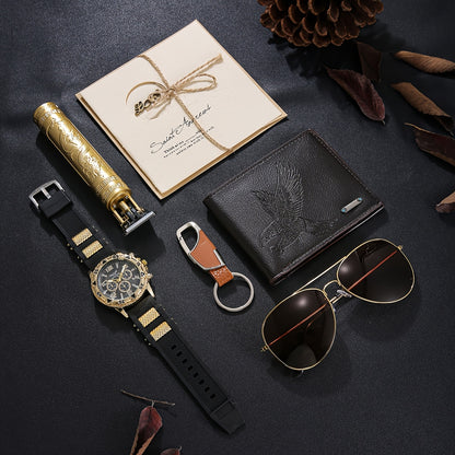 A Luxurious Set of 6pcs for Men Including Stylish Watches, a Hair Clipper, Wallet, Glasses, Keychain, And Greeting Card, Perfect for Parties And Holiday Gifts.