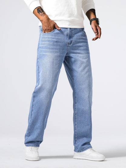 Men'S Loose Fit Straight Leg Jeans, Cotton 85% Polyester 15% Denim, Washed Solid Color Casual Style