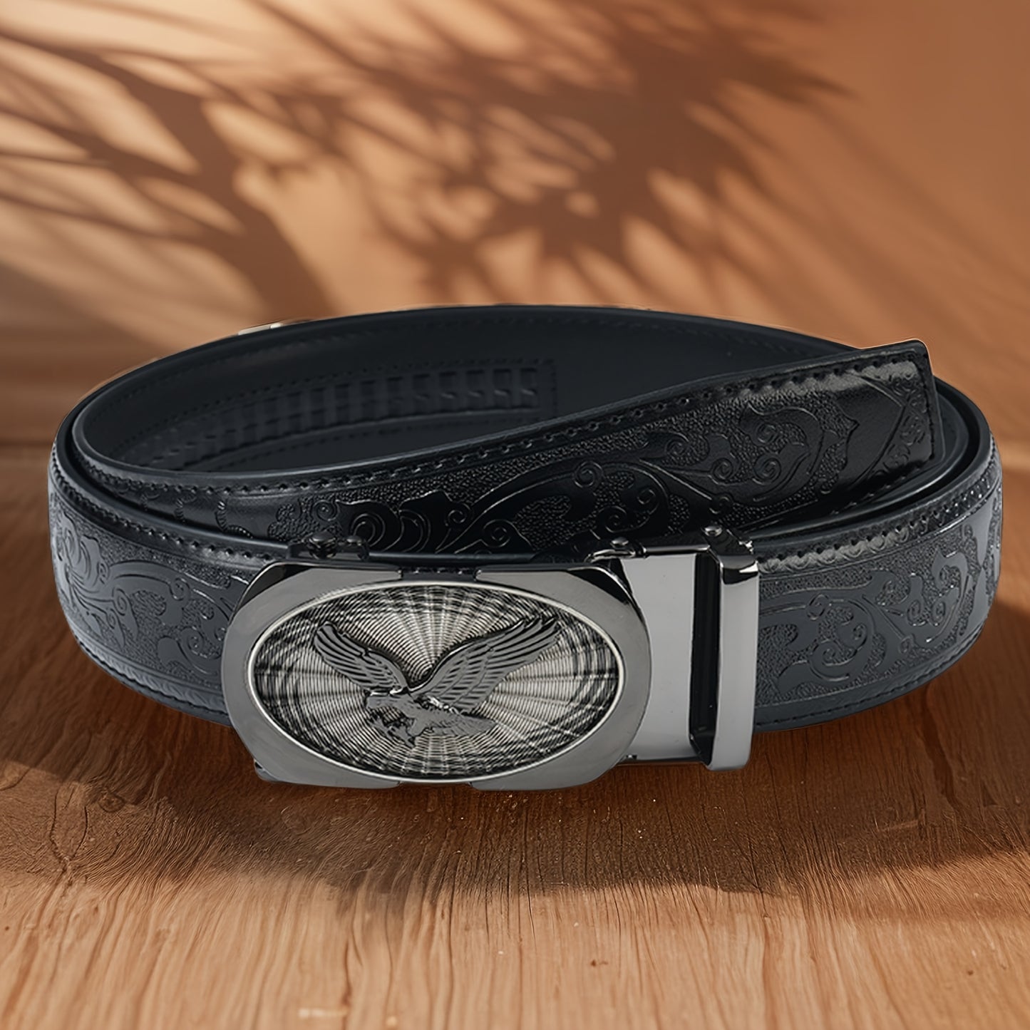 Men's Black Leather Belt with Automatic Buckle - Embossed Eagle Design Business Casual Belt for Office & Formal Occasions, Durable Gift for Father's Day & Business Partners, Sophisticated Detailing