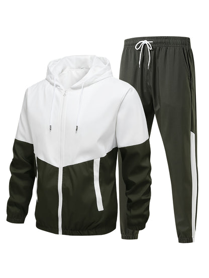 Men's Casual Athletic Hoodie and Pants Set - Color Block Design, Polyester, Machine Washable, Spring/Fall Sportswear, Blue & White Two-Piece Outfit, Everyday Activewear|Modern Athletic Look|Polyester Sportswear