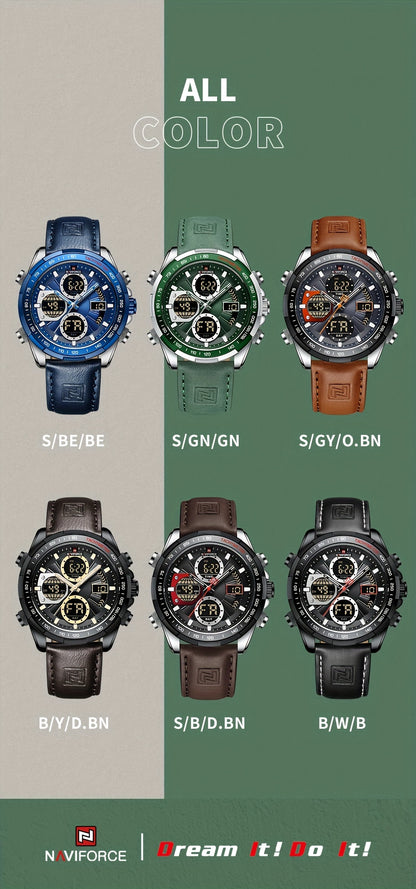 NAVIFORCE Men's Luxury Sports Quartz Watch - Waterproof, Genuine Leather Strap, Dual Display with Date & Chronograph Functions, Case, Green Accents, Luxury Timepiece|Tachymeter Equipped|Genuine Leather Band Valentine's Day