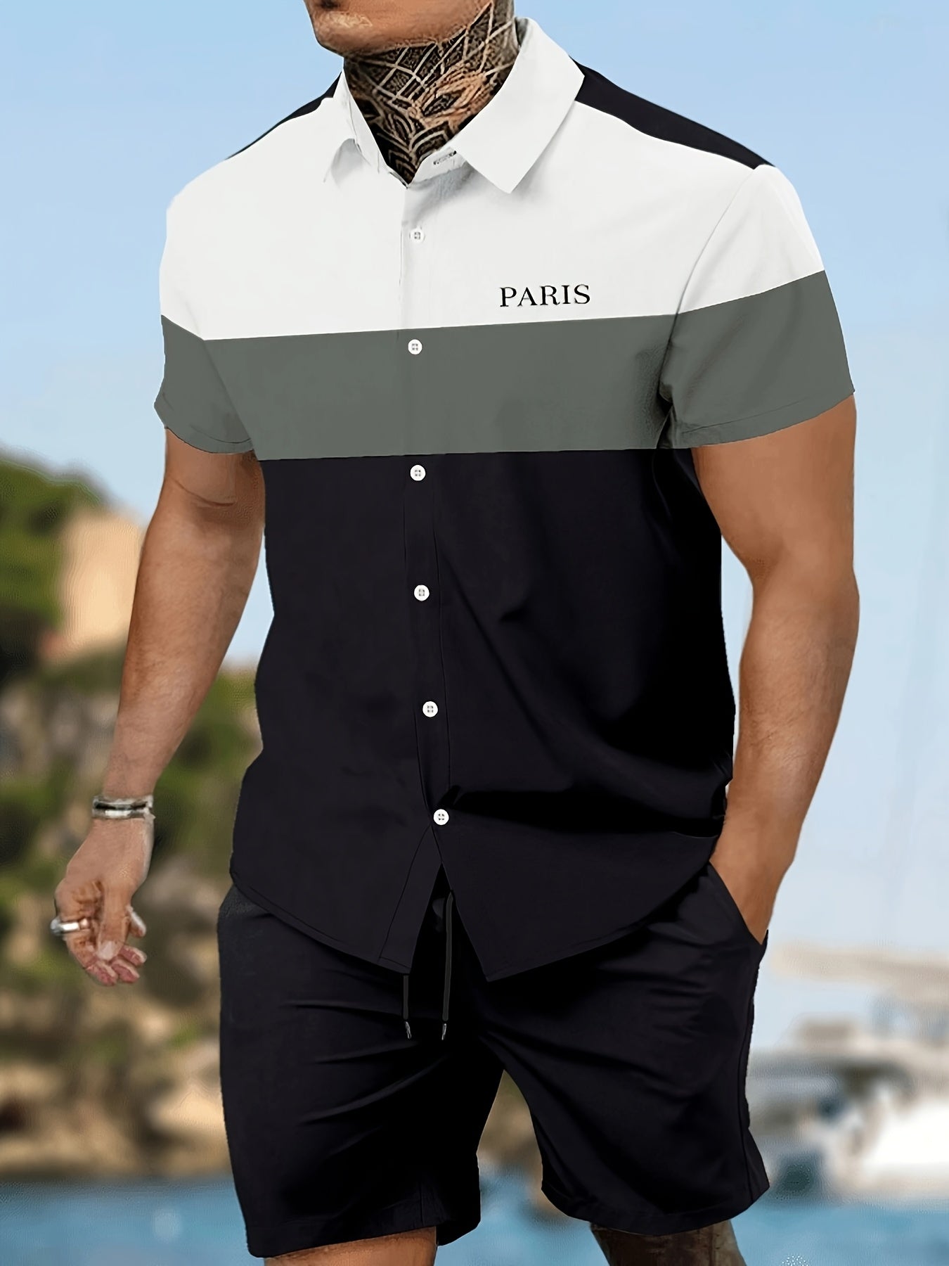 Men'S Letter Color Block Short Sleeve Shirt Shorts Casual Suit 2pcs Set