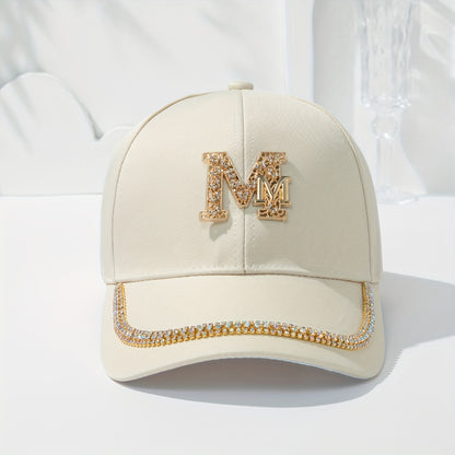 Women's Fashion Patch Baseball Cap With Metallic "M" Initial, Rhinestone Accents, Adjustable Snapback Cps, Wide Brim Sun Hats