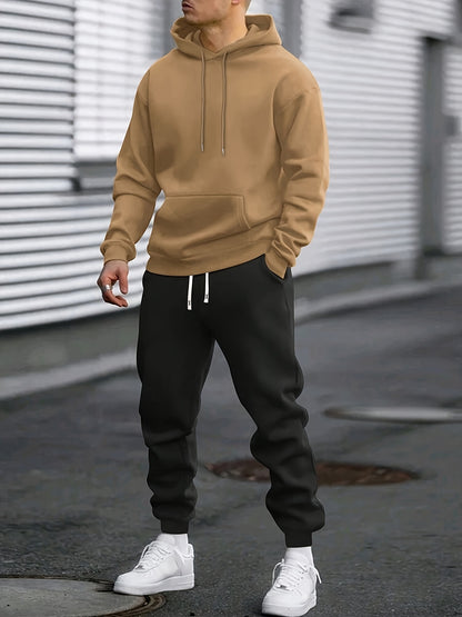 1set Men'S Casual Sports Suit, Polyester Hooded Sweatshirt and Jogger Pants Set, Solid Color, Elastic Waist, Cuffed Ankles, Knit Pullover with Pockets, Regular Fit for Outdoor Running and Jogging - Spring/Autumn Collection