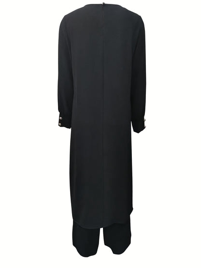 Ramadan, Women's Front-Button Long Sleeve Slit Dress & Pants Casual Arabic Style 2pcs Set, Only Clothes, Without Headscarf
