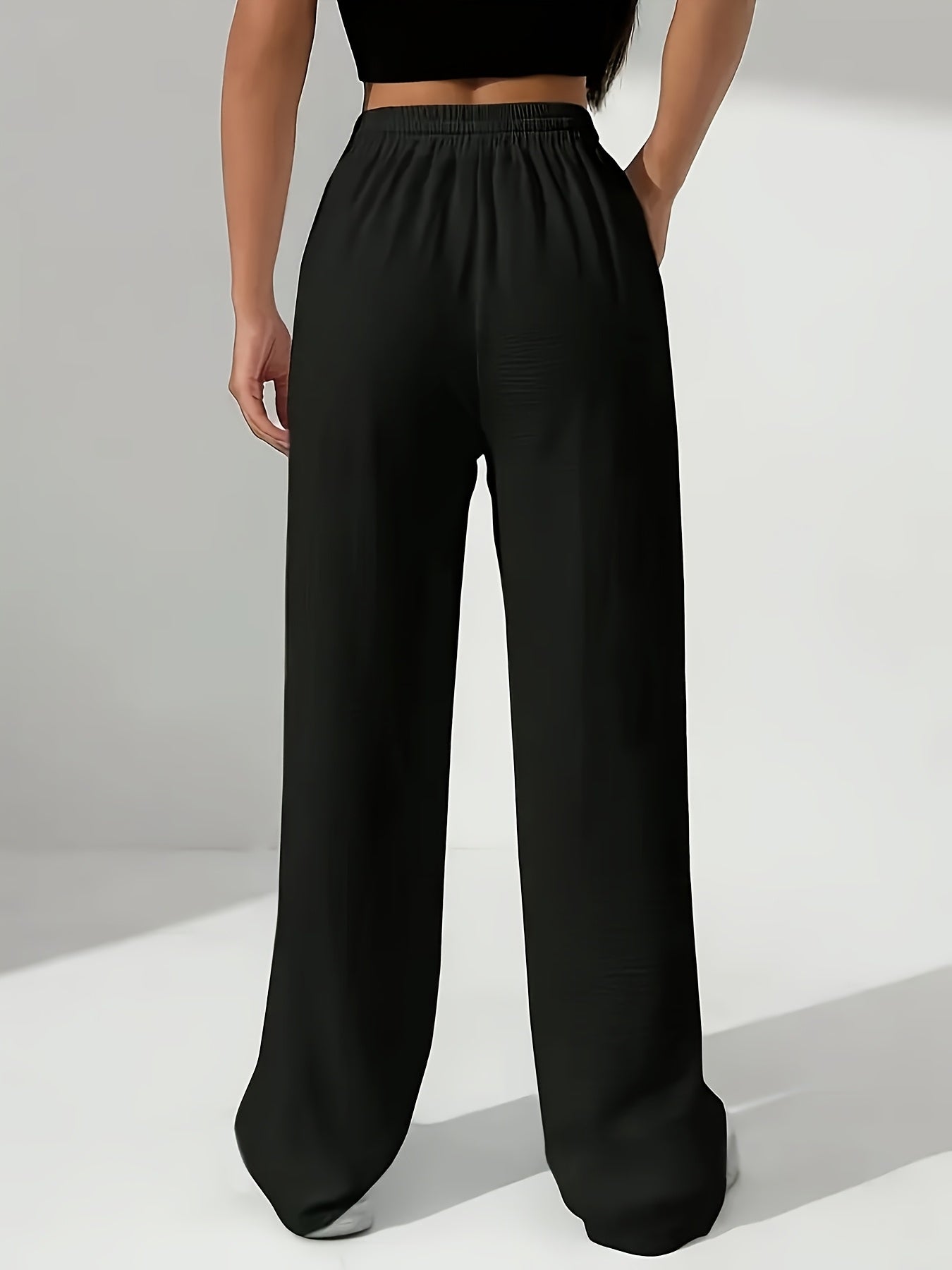 Women'S Stylish Black Wide-Leg Pants with Elastic Waistband - Casual All-Season Drawstring Pockets, Perfect for Weekends and Casual Attire, Casual Attire Pants|Wide Leg Fashion|Elastic Waistband Pants