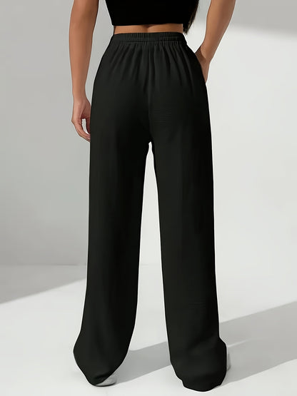 Women'S Stylish Black Wide-Leg Pants with Elastic Waistband - Casual All-Season Drawstring Pockets, Perfect for Weekends and Casual Attire, Casual Attire Pants|Wide Leg Fashion|Elastic Waistband Pants