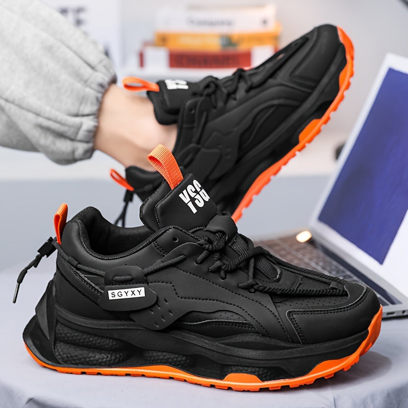 Men's Trendy Solid Colour Chunky Sneakers, Comfy Non Slip Durable Lace Up Soft Sole Shoes For Men's Outdoor Activities